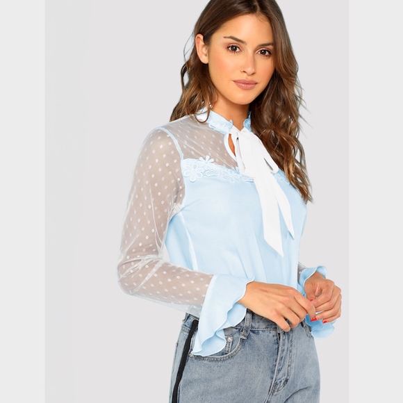 Tie Neck Dot Sheer Yoke Lace Applique Blouse - Picture 2 of 7